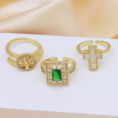 Copper Plated Zirconium Lucky Tree Cross Open Ring Women'S Light Luxury Design Hand Jewelry