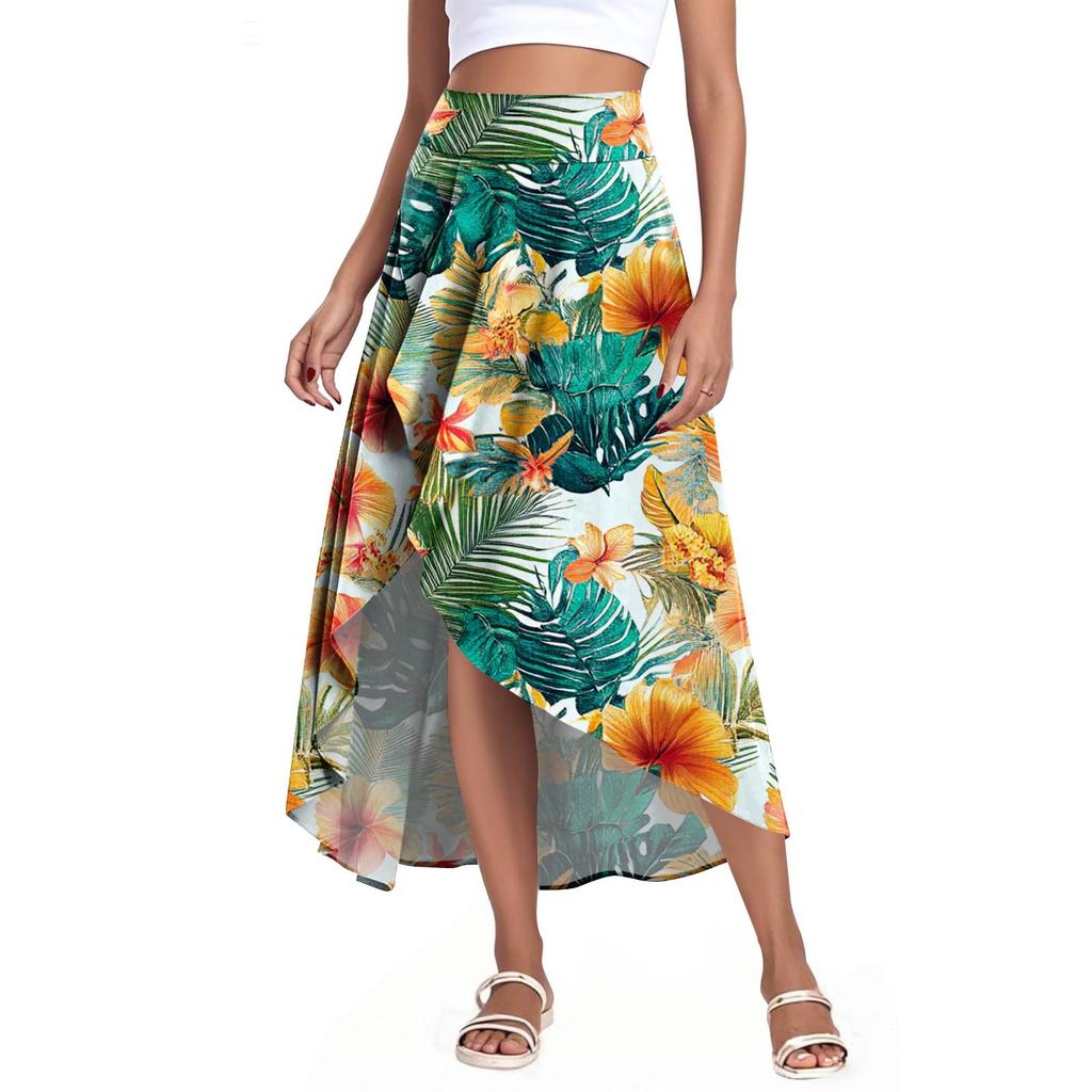 Women's Fashion Casual Printed Slit Ruffle High Waisted Fluttering Shorts Skirt