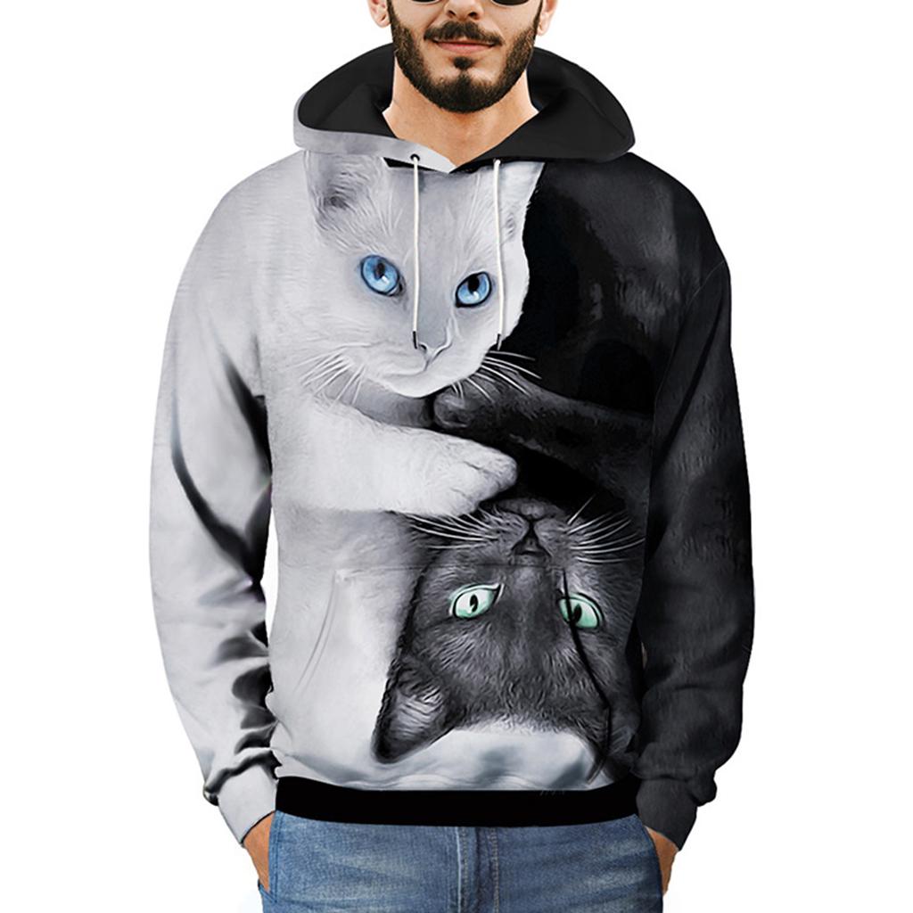 Men's Hoodie 3D Graphic Black White Cat Print Sweatshirt Pullover Tops ...
