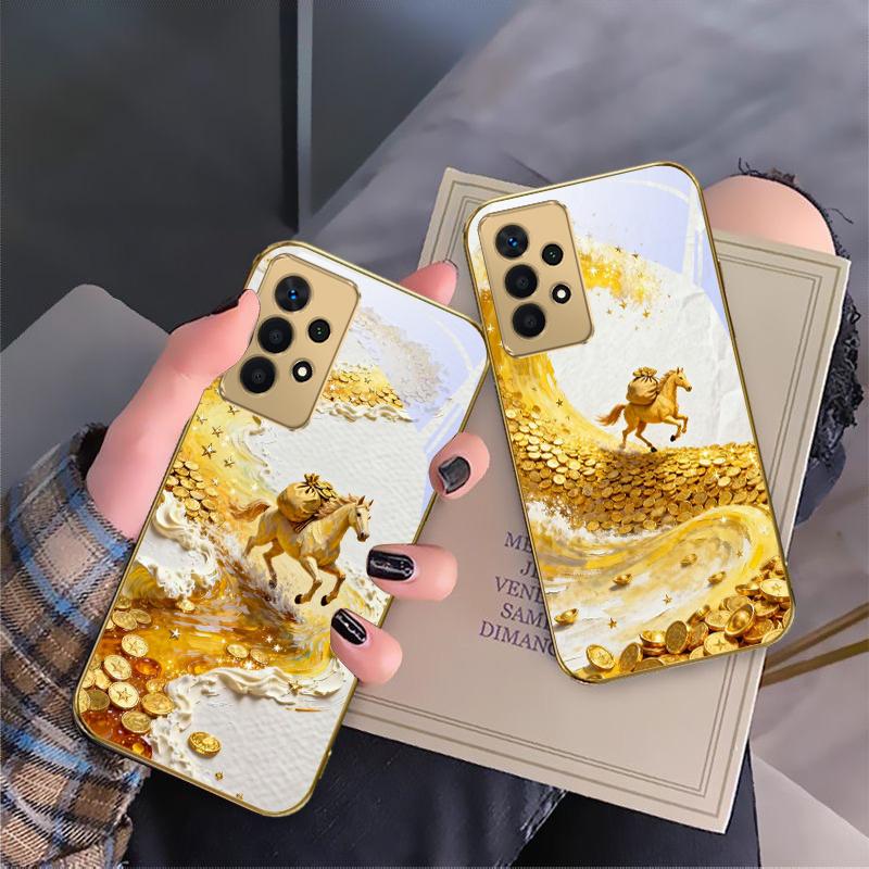 golden galloping horse For Samsung A 01 52S A04 A05S A10 A12 A13 22 23 24 36 42 M02 Note 10 20Ultra 8 9 Golden glass phone case