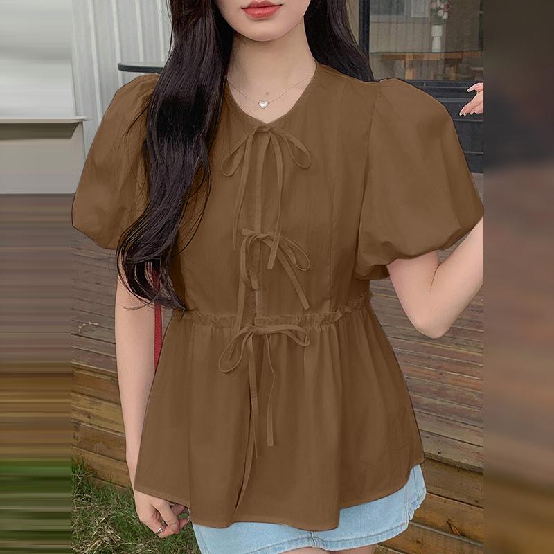 ZANZEA Bluză casual de damă cu șireturi, cu gât rotund, transparentă, de vară, cu mânecă scurtă