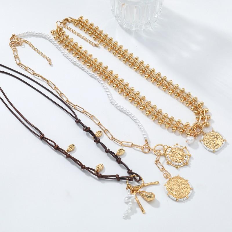 Handmade Vintage Geometric Layered Pendant Necklace Women Zinc Alloy Gold Tone PearlStyle Statement Jewelry