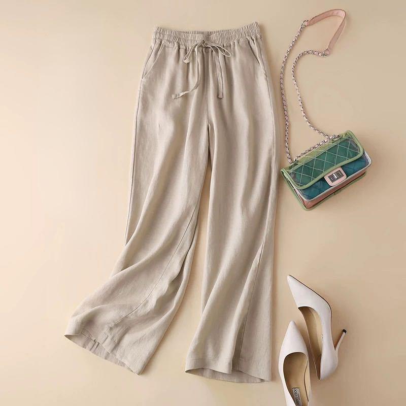 Bumbac, in, pantaloni largi de vară Pantaloni lungi ocazional vintage, de damă, culoare uni, alb, negru, elastic, pantaloni cu talie înaltă