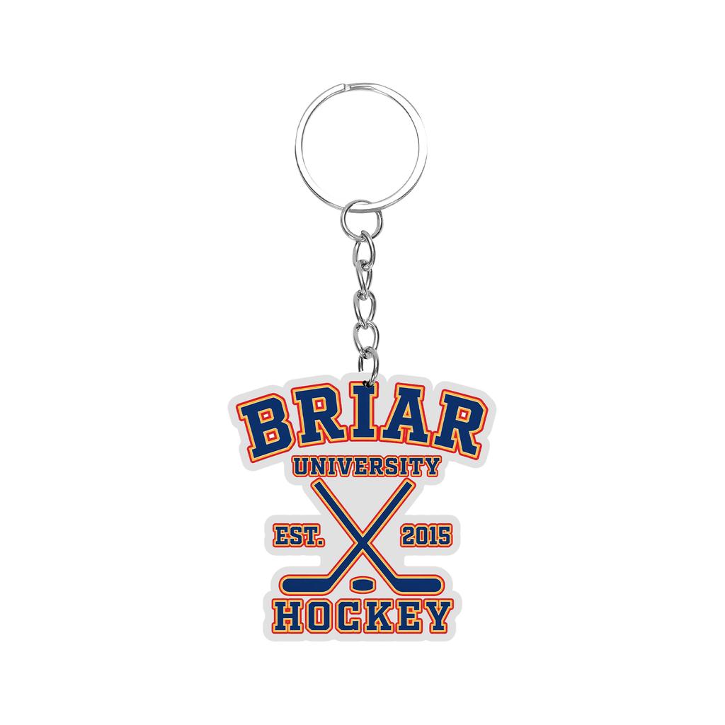 Acrylic Keychain Featuring Four Ice Hockey Players Standing Side by Side Wearing Numbered Jerseys with Attached Metal Key Ring for Easy Carrying