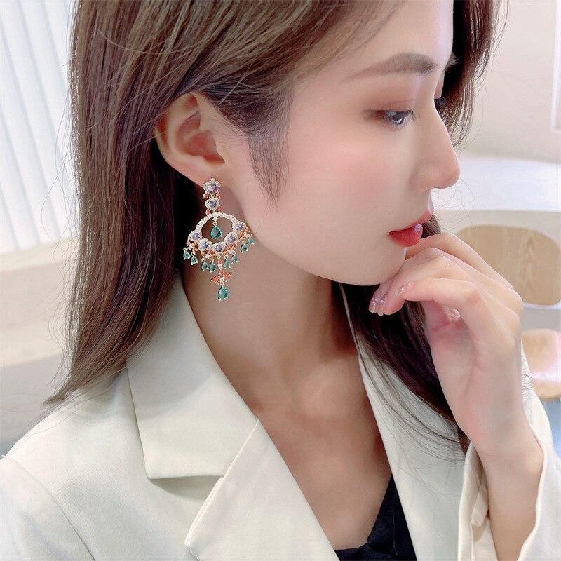 Cubic Zirconia Colorful Tassel Water Eardrop For Women Design Statement Wedding Jewelry Luxury Pendant Earring 925 Silver Needle