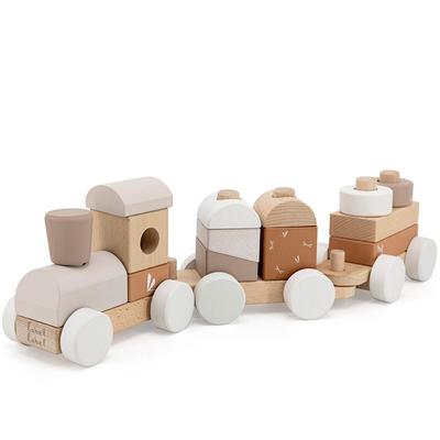 LabelLabel Pociąg do układania, Drewniana zabawka do ciągnięcia, Wagon, Prezent na 1. urodziny dziecka, Dla chłopców i dziewczynek, Drewniana zabawka (Latte), Prezent na Boże Narodzenie