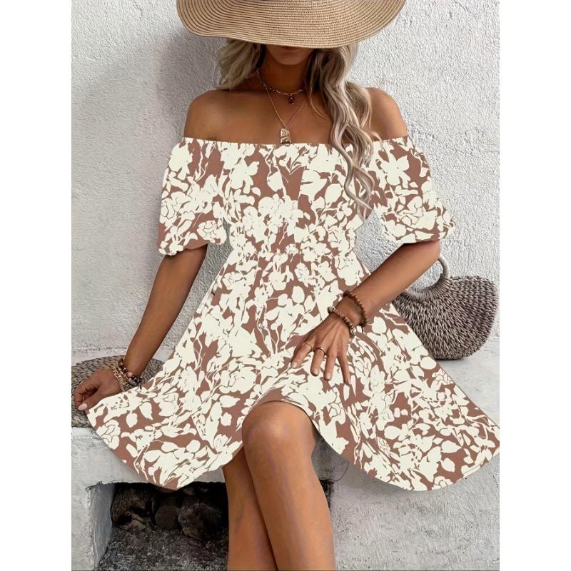 Mode Sommer Bedrucktes Lässiges Schulterfreies Kleid Kurzärmlig Locker Lässig Schlichtes A-Linien Party Kurzkleid Slim Fit Elegant Urlaubskleidung