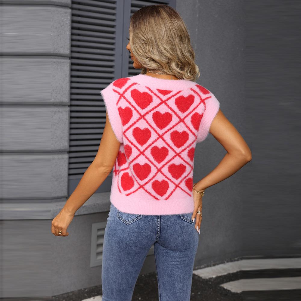 New Autumn and Winter Women's Short V-neck Heart-shaped Valentine's Day Vest Knitted Sweater