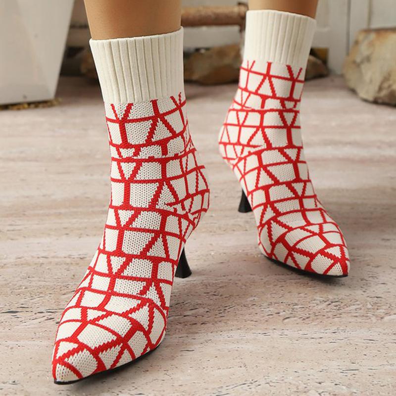 Fashion Autumn Fashion Plaid High Heel Boots Women Breathable Knitted Mesh Sock Boots Woman Pointed Toe Plus Size 36-43 Botas Ladies
