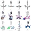 100% 925 Silver Exquisite Colored Dragonfly Charms Pendants Sparkling Zircon Fit Qikaola Original Bracelets DIY Jewelry
