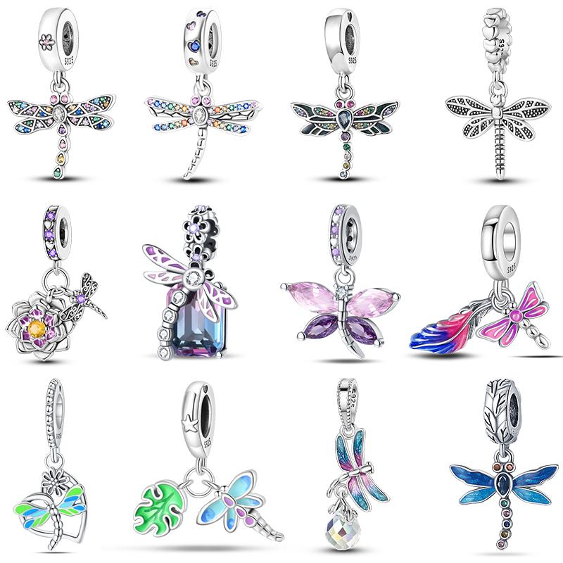 100% 925 Silver Exquisite Colored Dragonfly Charms Pendants Sparkling Zircon Fit Qikaola Original Bracelets DIY Jewelry