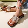 Fashion 2025 Summer New Designer Woman Slippers Sexy Elegant Golden Glitter Sequin Comfortable Clip Toe Women'S Shoes Casual Flat Sandal