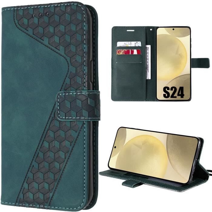 Coque pour Samsung Galaxy S24, Protection Rabat Cuir Synthétique Motif Mosaïque Vert Nuit