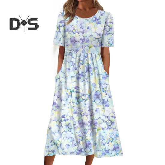 Women's Summer Short Sleeve Dress Casual Floral Print Round Neck Midi Dress with Pockets Flowy A-line Beach Sundress