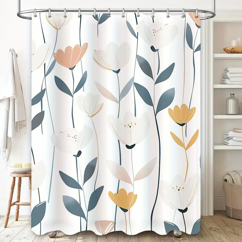 Fashion Bath Curtains with Flower Patterns Modern Shower Drapes for Bathroom Decor in White Grey