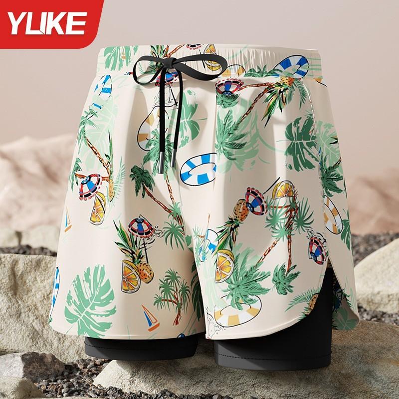 Mens Double-Layered Board Shorts Swim Trunks Beach Swimming Surfing Quick-Dry Anti-Chafe Athletic Swimwear