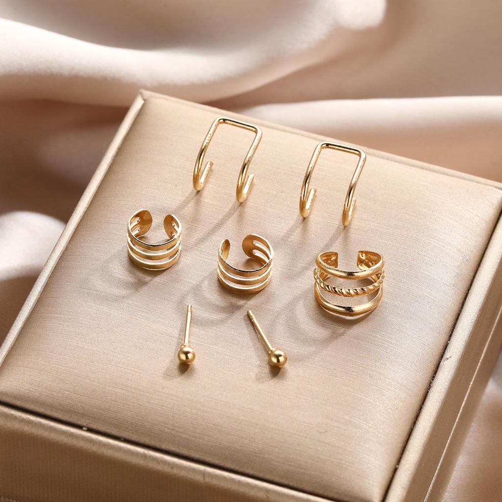 Gold European and American Retro Hollow Multi-layer Ear Clip Earrings Set - 7 Pieces
