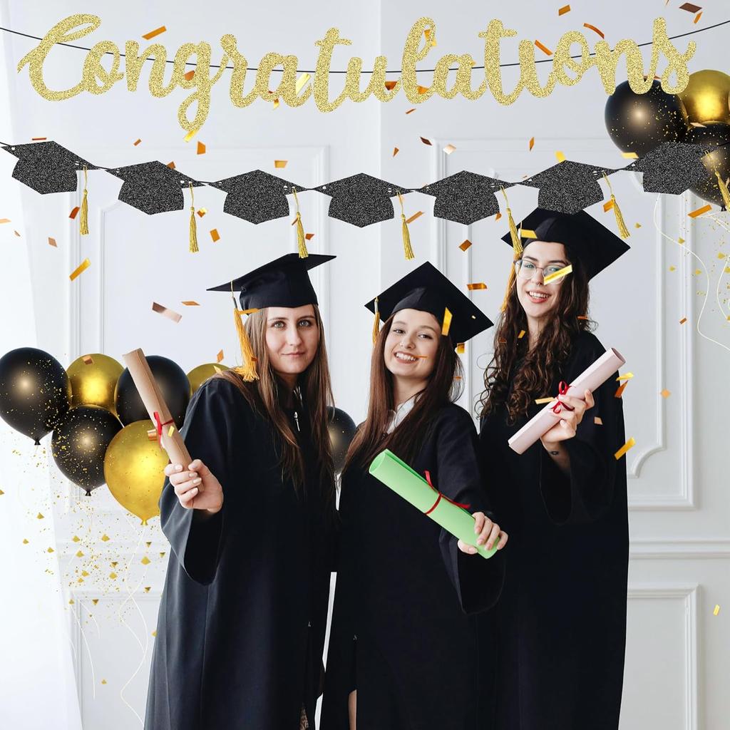 Graduation Banner-Gold Glitter Congratulation Banner -Class of 2025 Congratulations Decorations,congrats Grad Banner for Party Supplies Graduation