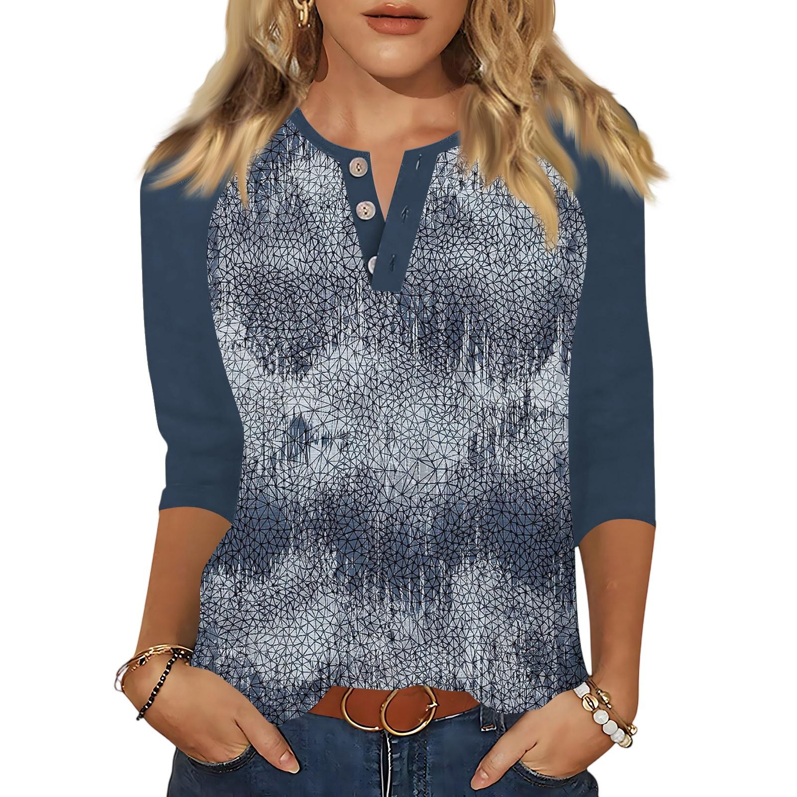 

Жіноча футболка з принтом на ґудзиках з рукавами 3/4, щоденна мода на вихідні, звичайний топ із V-подібним вирізом XL