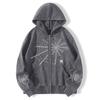 Mens Oversized Hooded Zip-Up Sweatshirt With Spider Print Retro American Style Loose Fit Winter Outerwear
