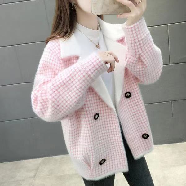 Mink Fleece Women's Coat Knitted Short Style New Spring, Autumn, Winter Plaid Wear Set Suit Collar