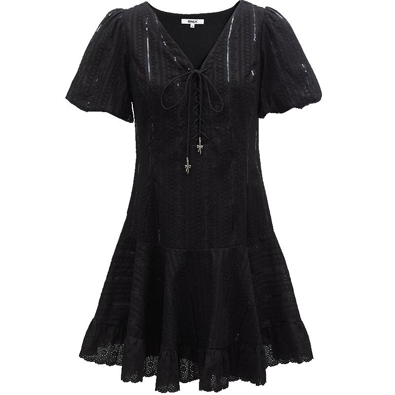 

ONLY 2024 Summer Pastoral Embroidered V-neck Puff Sleeve A-line Mini Dress S