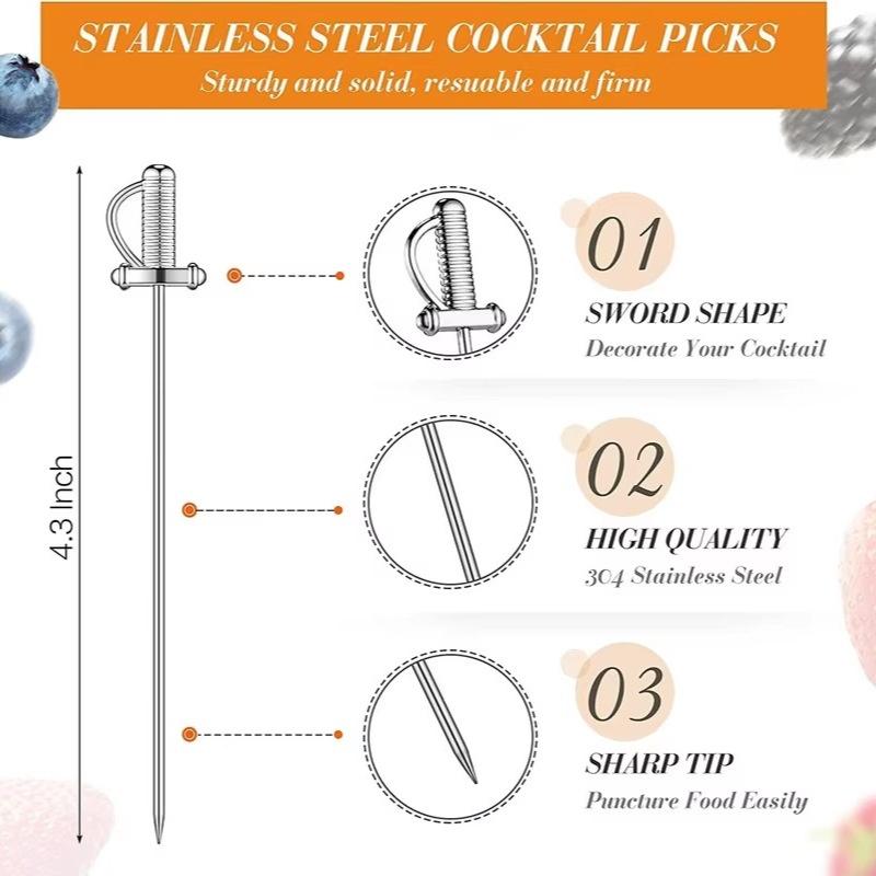 Stainless Steel Cocktail Pick Shape Fruit Sticks, Bar Tools, Drink Stirring Sticks, Martini Picks, Party Wedding Accessory