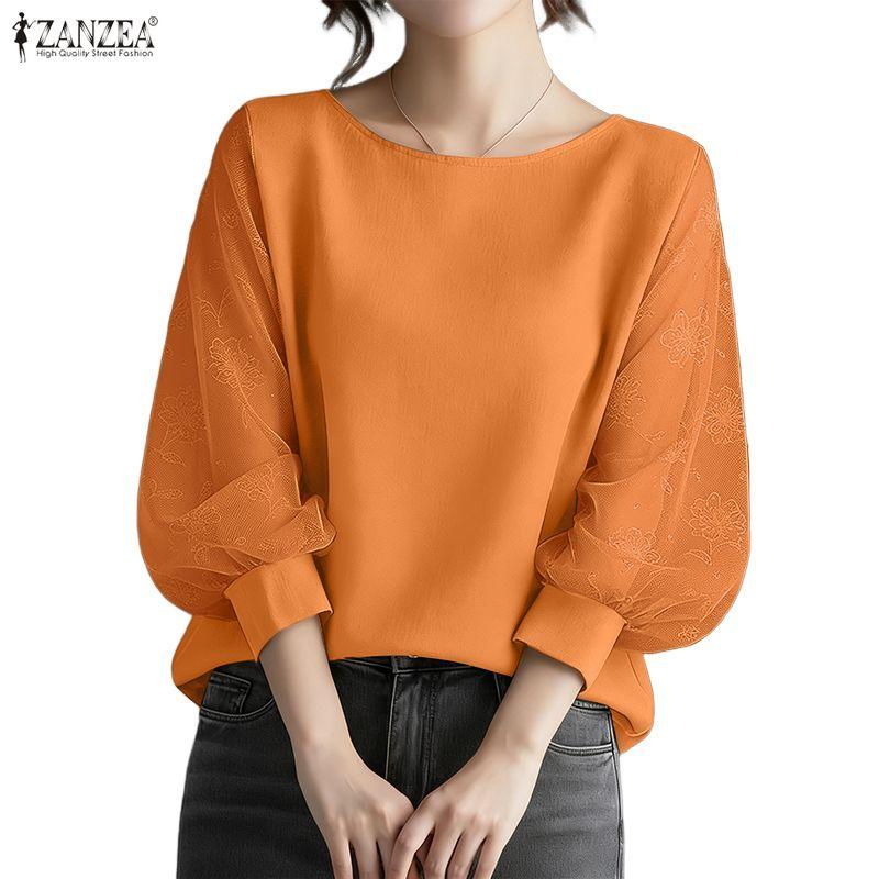 ZANZEA Dámská ležérní halenka s kulatým výstřihem, síťovanou vsadkou a 3/4 rukávy