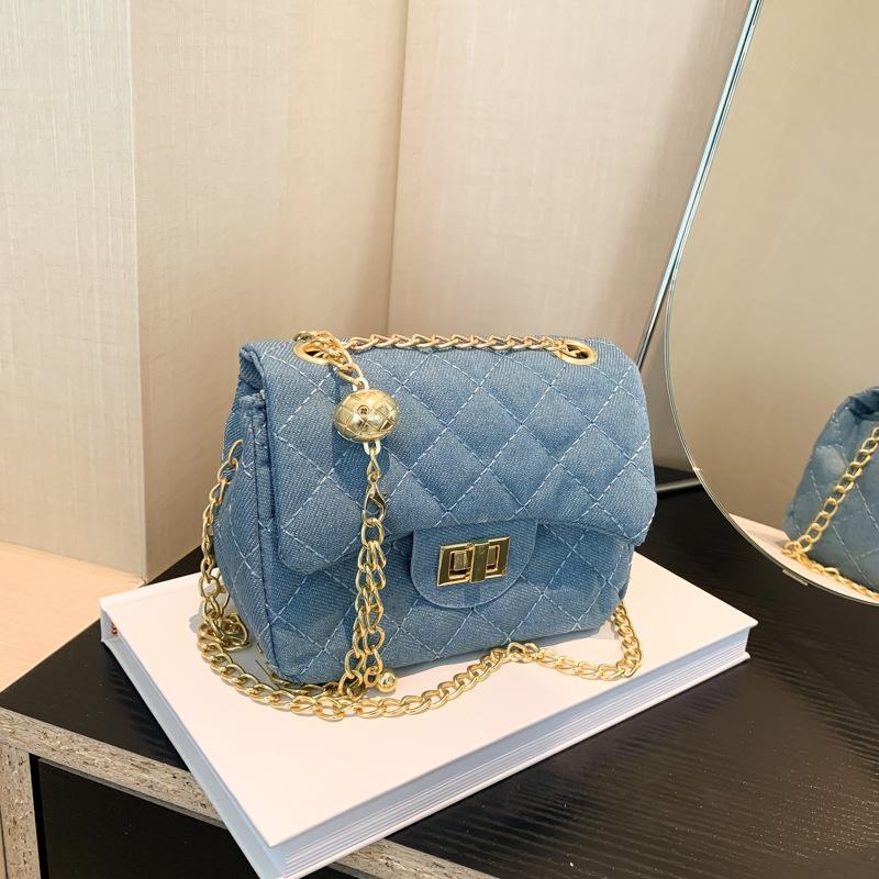 High-Value Foreign Style Lock Small Square Bag, Autumn New Denim Fashion Diamond Chain Messenger Bag