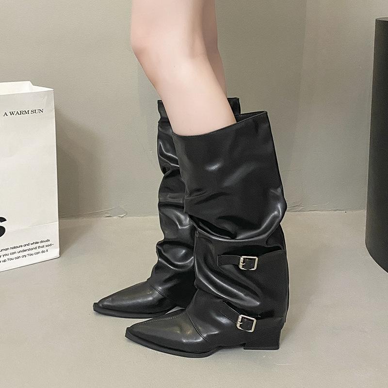 2025 Autumn and Winter New Pointed Thick Heel Niche Thin Boots But Knee Fashion Boots Soft Belt Buckle Trouser Tube Boots