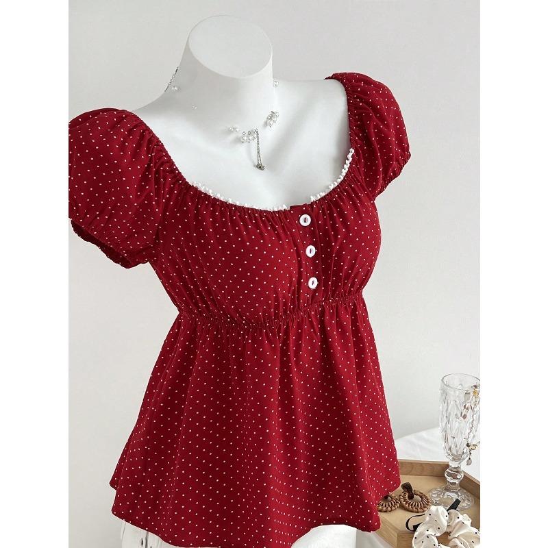 Summer New Polka Dot Puffed Sleeve Top, Printed Round Neck, Waist-cinching and Slimming Short-sleeved T-shirt for Women