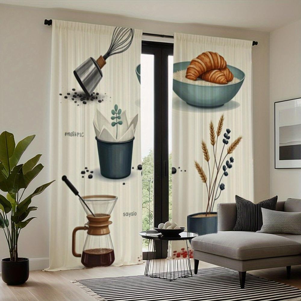 2Pcs Elegant Floral And Coffee-Themed Curtains - Semi-Transparent Polyester, Rod Pocket Design, Machine Washable, Perfect For Li