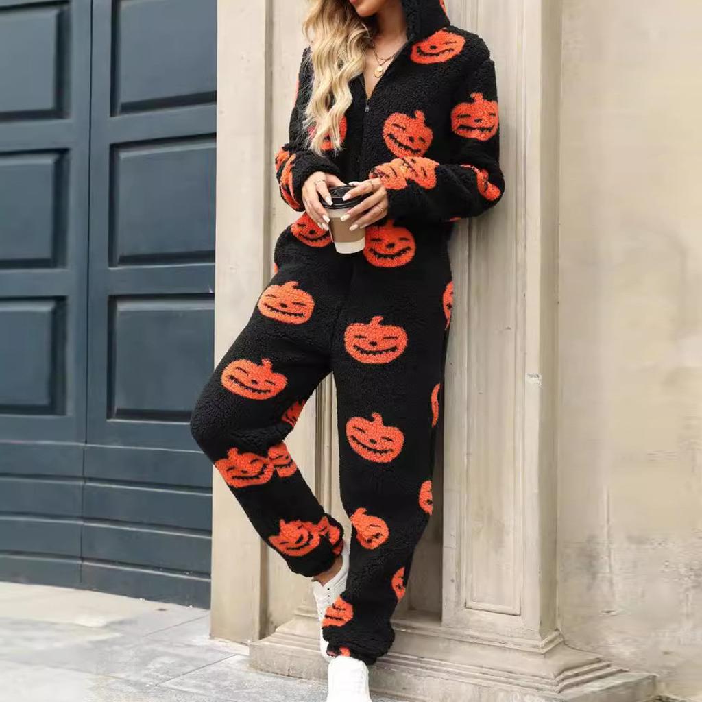 Women's Halloween Print Zipper Loose Plush Jumpsuit