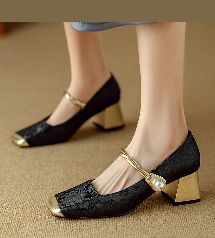 Mary Jane Square Head Single Shoes with Thick Heels 2025 Splicing Douyin Popular Single Shoes Women's Chinese Style