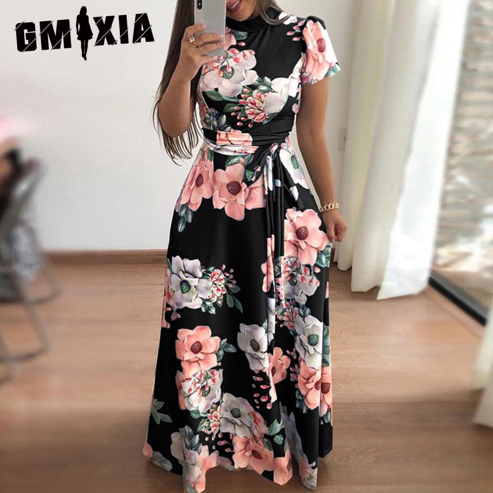 

GMXIA Женское летнее платье в пол с цветочным принтом, короткие рукава, О-образный вырез, повседневные платья XXXXL чёрный