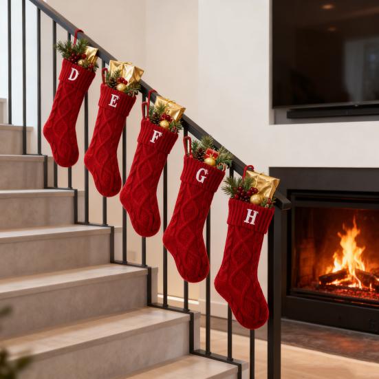 Christmas Stockings with Initials 18 Inches Large Embroidered Letter Christmas Stocking Monogram Knitted Stocking for Famliy Holiday Xmas Tree