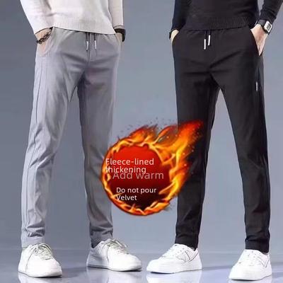 Black Label Plus Men's Slim Fit Tall Straight Fleece Pants - Autumn/Winter Korean Casual Trousers