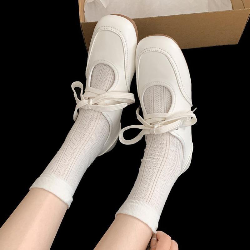 Fashion White French Retro Ballet Flats for Women 2025 Spring Autumn Mary Jane Shoes Low Heel Pumps Lace Up Round Toe Bow Casual Shoes