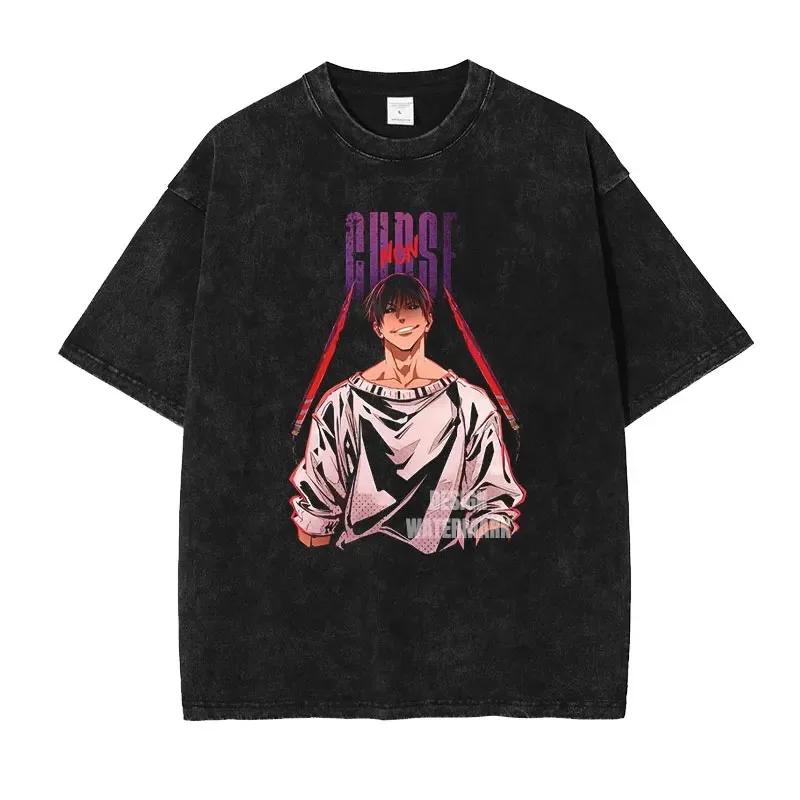 Urban Pulse Clothing Japan Klassieke Anime Jujutsu Kaisen Gojo Satoru Geto Suguru Print Nieuwe T-shirts Mannen Vrouwen Vintage Gewassen T-shirts Harajuku Katoenen Tops M blauw