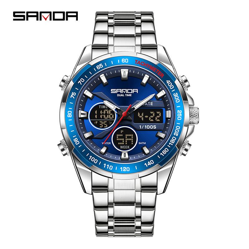 SANDA Stereoscopic Dual Display Watch Men's Steel Band Sunday Date 12/24 Hour 5ATM Waterproof Night Light Alarm Clock