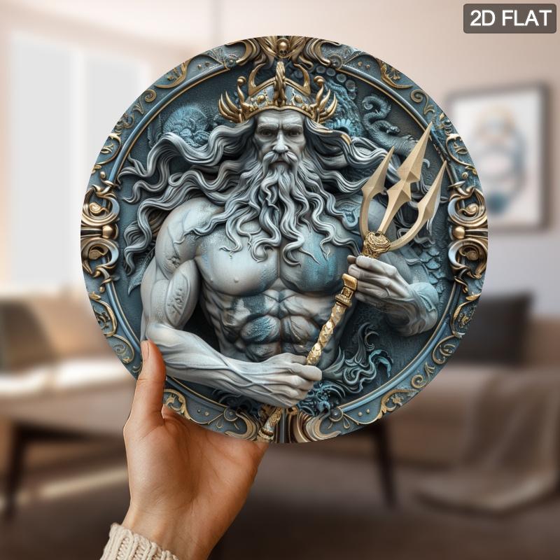 Vintage Greek God Poseidon Trident Ocean King Retro Mythology Art D Flat Round Metal Tin Sign Wall Art Plaque For Home Man Cave 20x20cm(8x8inch)