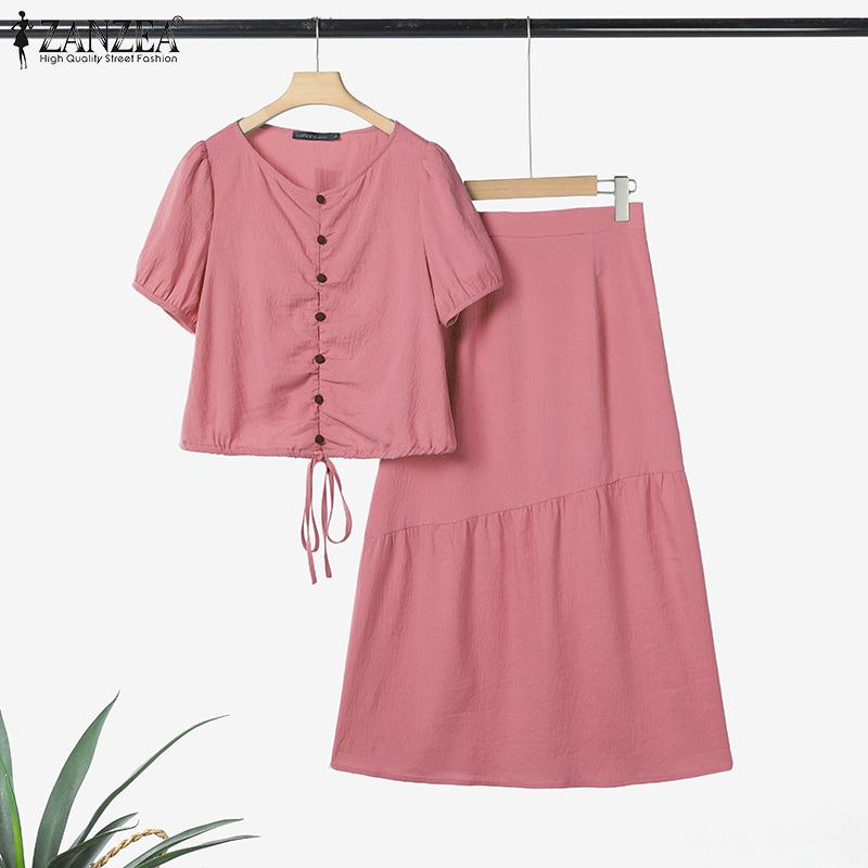 ZANZEA Women Short Sleeve Drawstring Blouse and Long Skirts Summer Two Piece Sets