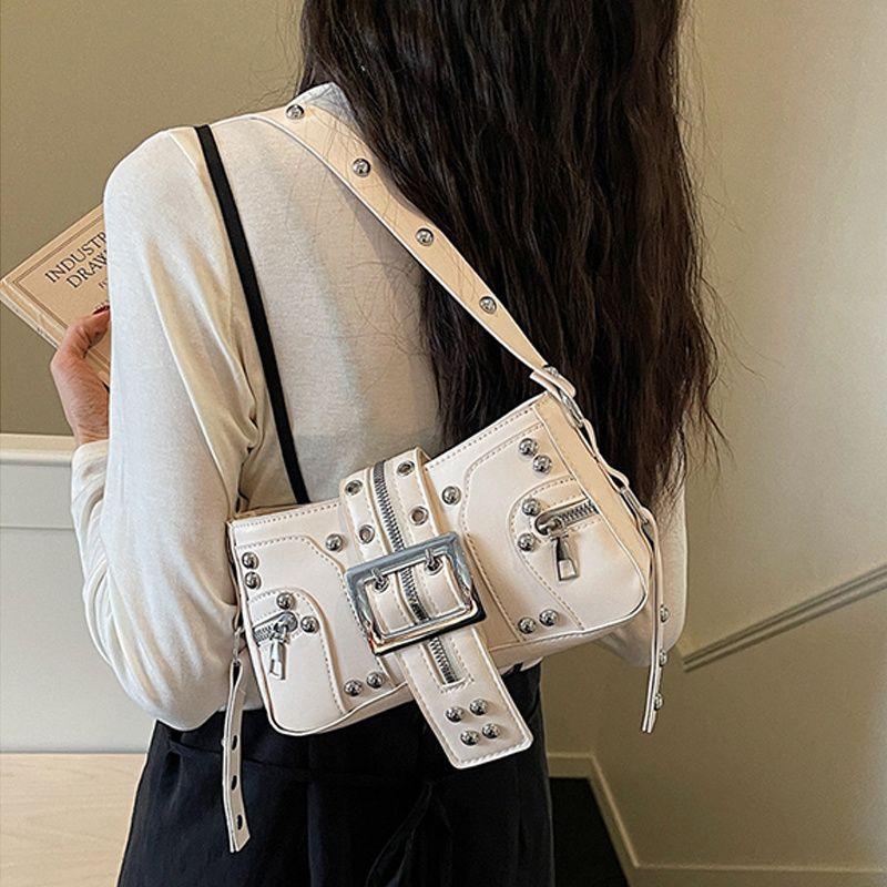 Yogodlns Borse a Spalla da Donna in PU Stile Punk con Borchie Moda Retro Y2k Stampa Leopardo Borsa Sottobraccio da Donna Design Raffinato con Cintura Borse Cool per Ragazze
