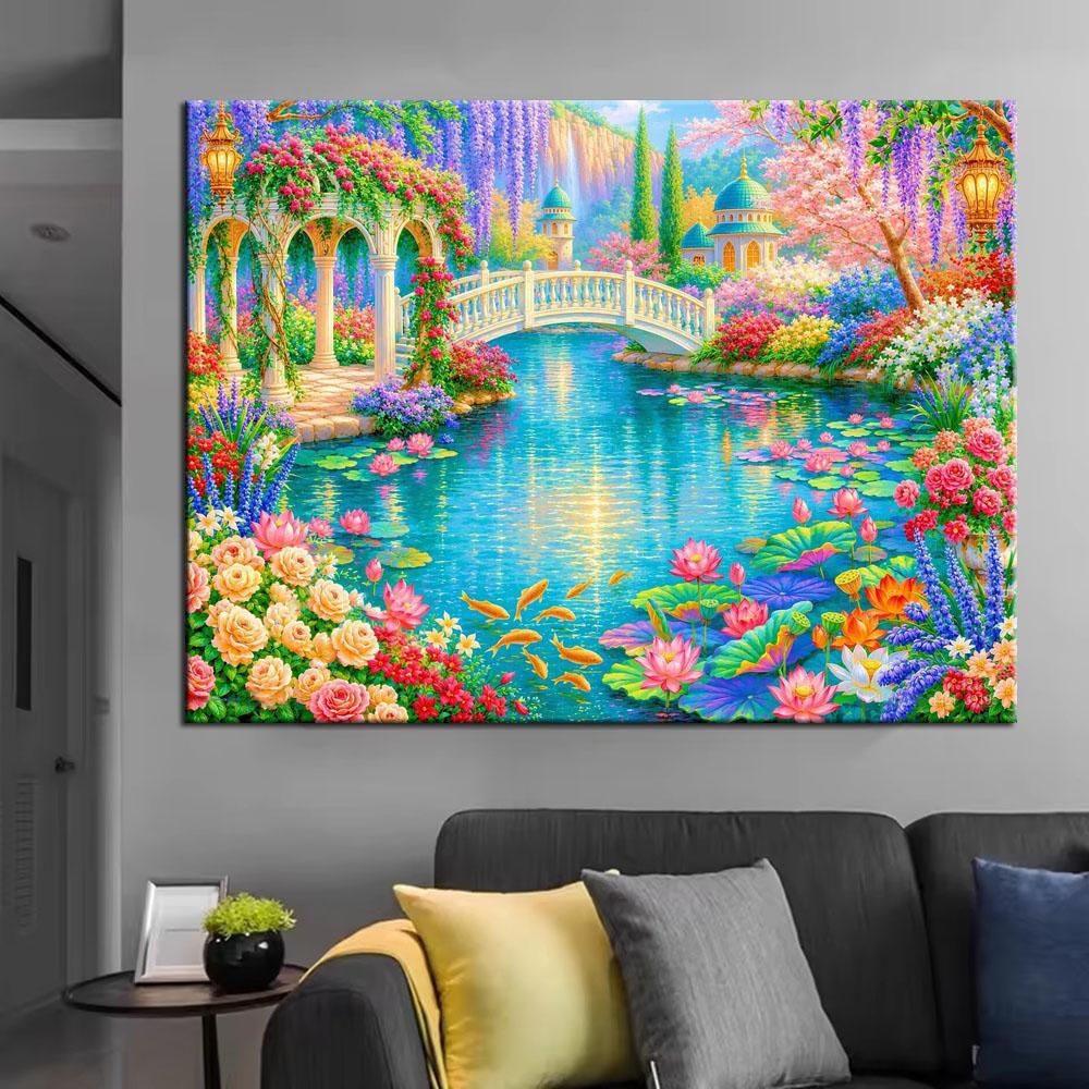 Beautiful Pond Lotus Flowers and Pavilion DIY Diamond Painting Kits New 2026 Full Square Round Diamond Mosaic Embroidery Cross Stitch Kits