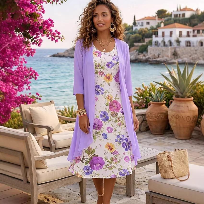 Women's O Neck Floral Print Midi Dress Two Piece Three Quarter Sleeve Chiffon Cardigan Loose Fit Casual Summer Outfit Set