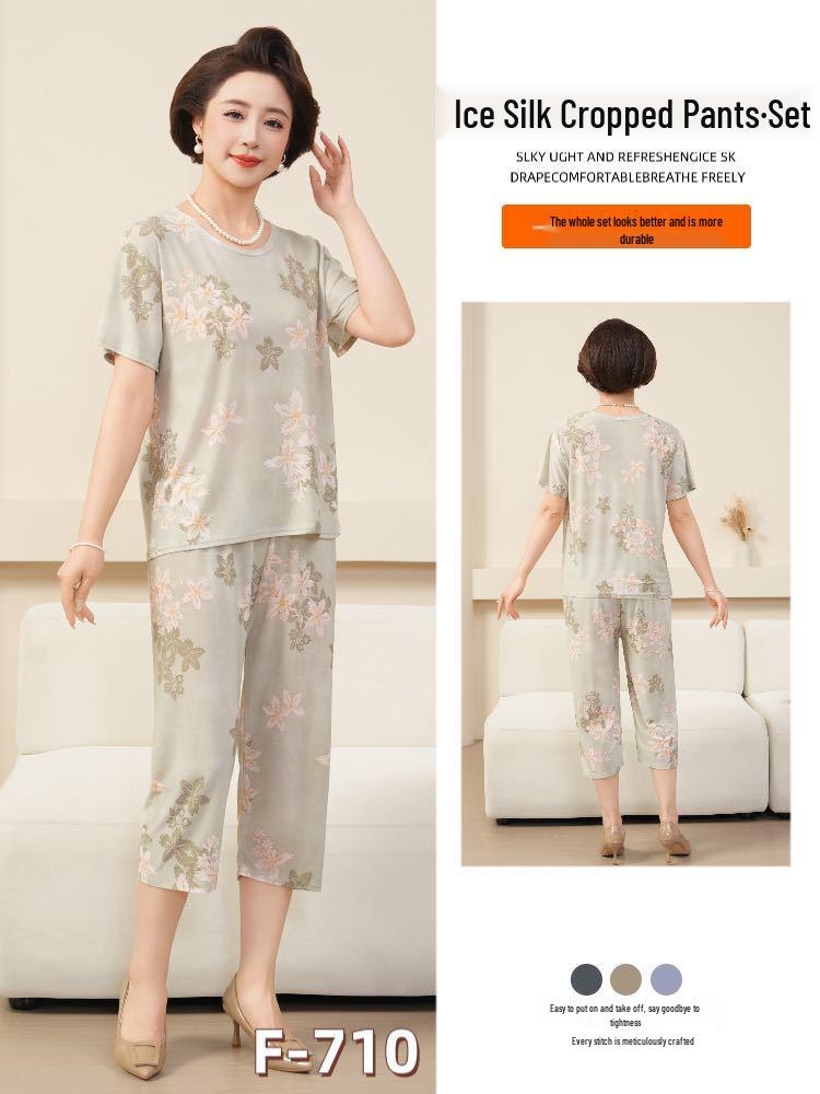 Women's Plus Size Ice Silk Pajama Set: Casual Short Sleeve Two-Piece for Middle-aged and Elderly Moms