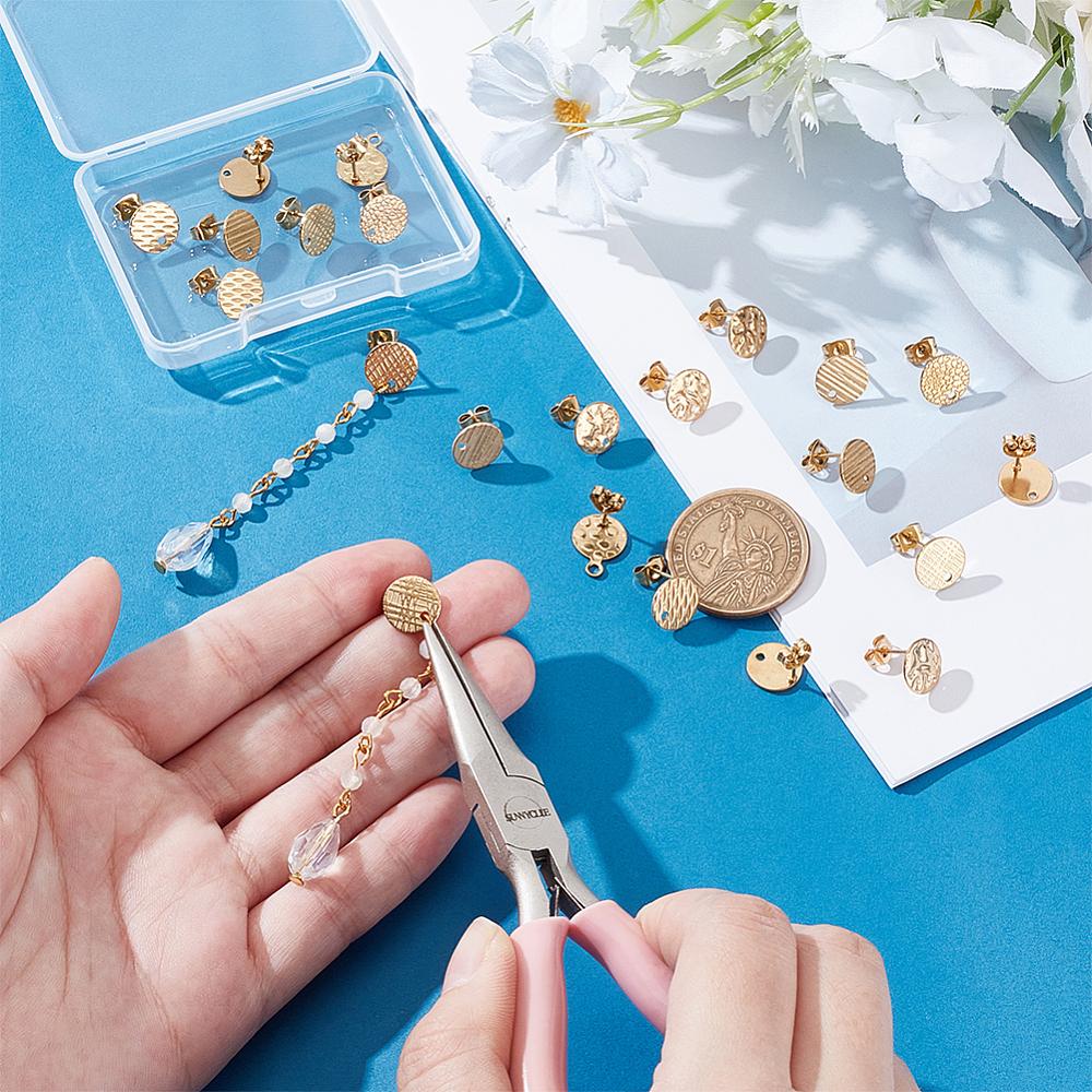 24Pcs 6 Style Flat Round with Textured 304 Stainless Steel Stud Earring Findings, with Ear Nuts/Earring Backs & Loop, Golden, 4pcs/style