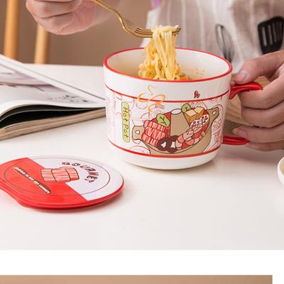 Styl Ins Kreatywny Ceramiczny Kubek Miska na Zupki Instant z Pokrywką Pudełko Bento Lunchbox dla Ucznia Miska na Zupki Instant Zestaw Miseczek na Zupę