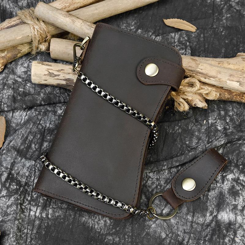 Genuine Leather Leather Clip Purse For Men Multi Card Wallet With Iron Chain Wrist Men Purse For 6 Inch Mobile Phone Pouch Coins