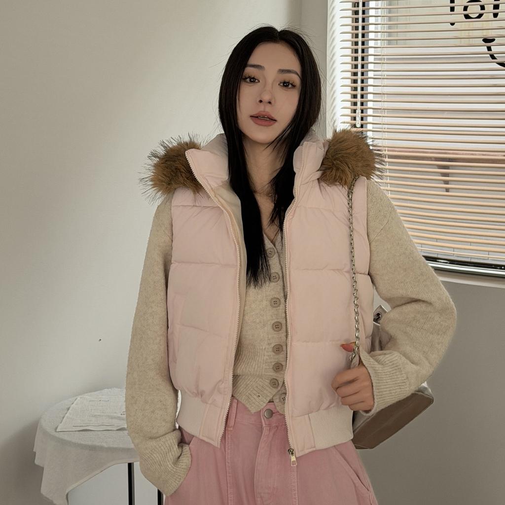 Winter New Women's Cotton Vest, Fashion Hooded Fur Collar Warm Outerwear, Casual Versatile Trendy Sleeveless Jacket